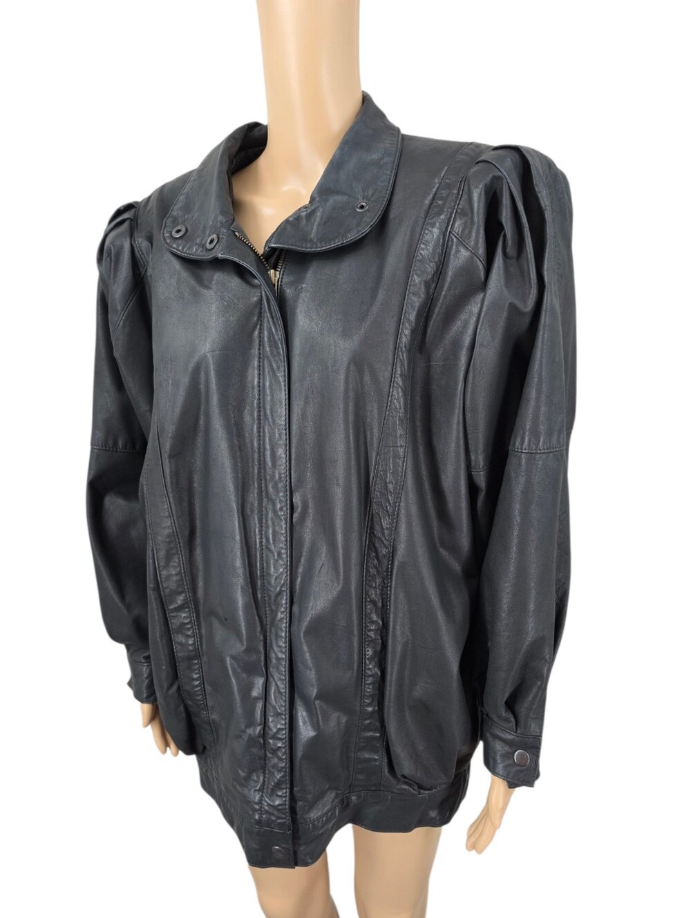 80s Puffed Sleeve Pleated Black Leather Zip-Front Jacket Oversized